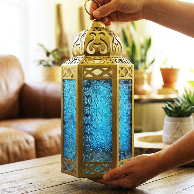 VELA LANTERNS 12" Gold Metal Moroccan Decorative Candle Lantern Holder for Hanging or Table Centerpieces, Exotic Indoor Home Decor, Outdoor Patio or Porch, Weddings, Ramadan, Blue Glass, Large - Image 5